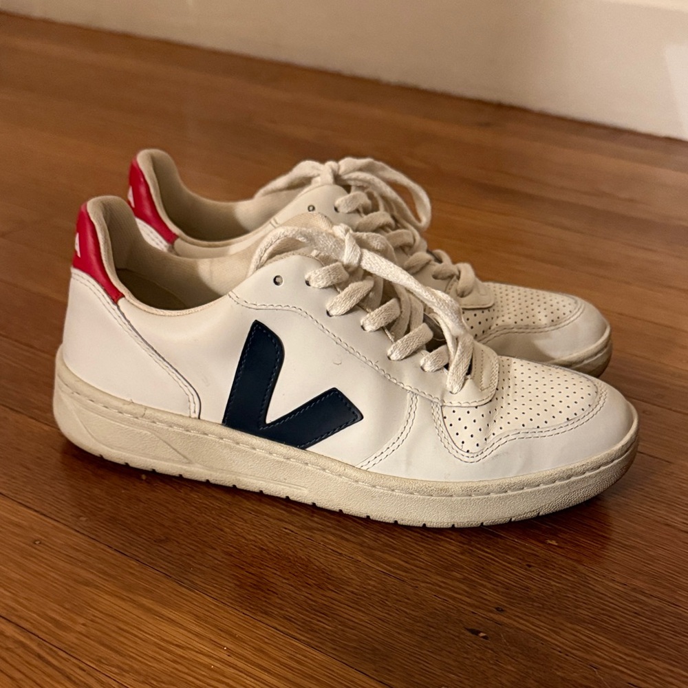 Veja White Sneakers with Navy V and Red Heel Accent